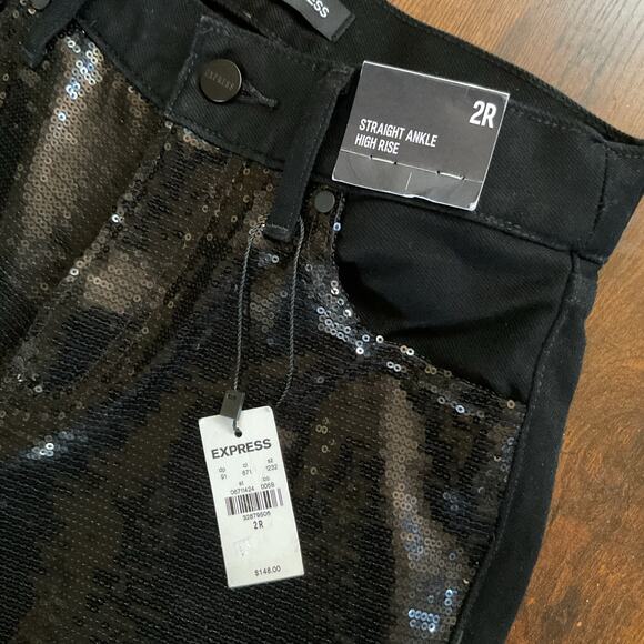 Express Straight Ankle High Rise Sequin Jeans Size 2R Black Distressed  NWT Y2K - Picture 6 of 10